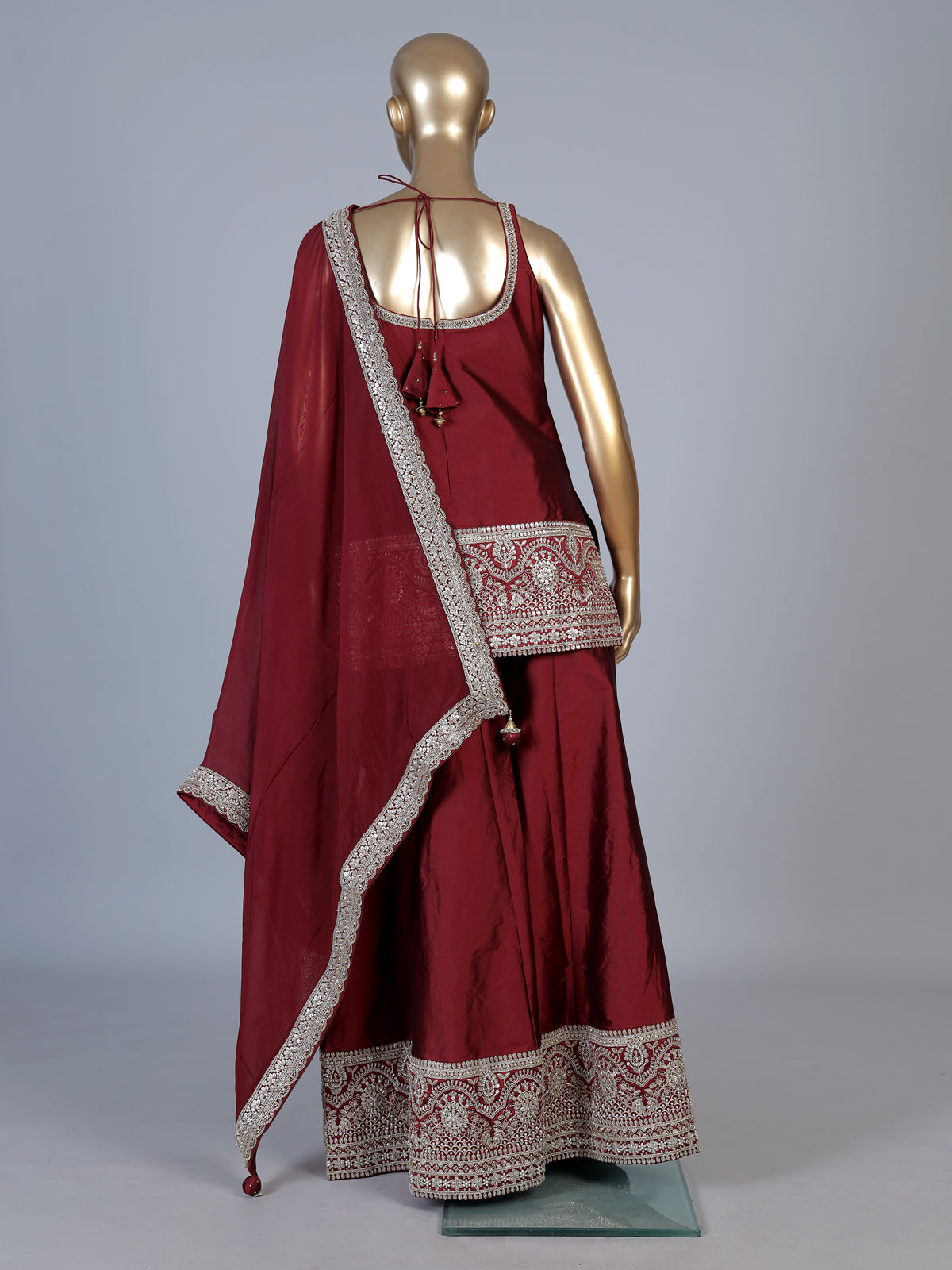 Maroon zardosi embellished women sharara suit with dupatta