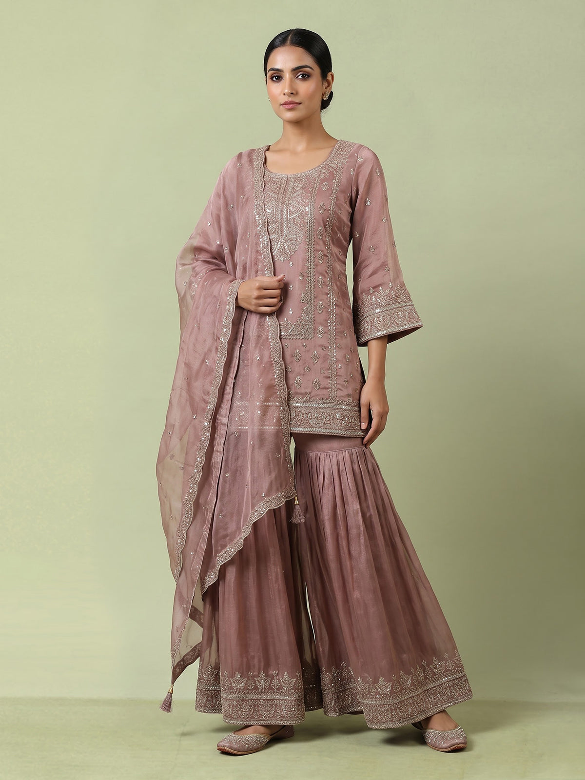 Onion pink embroidered women sharara suit with dupatta