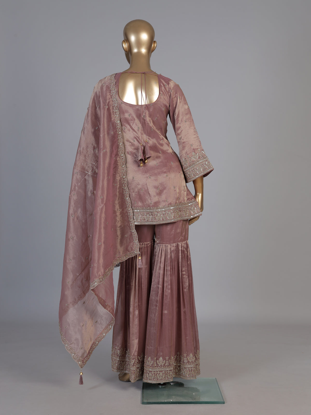 Onion pink embroidered women sharara suit with dupatta