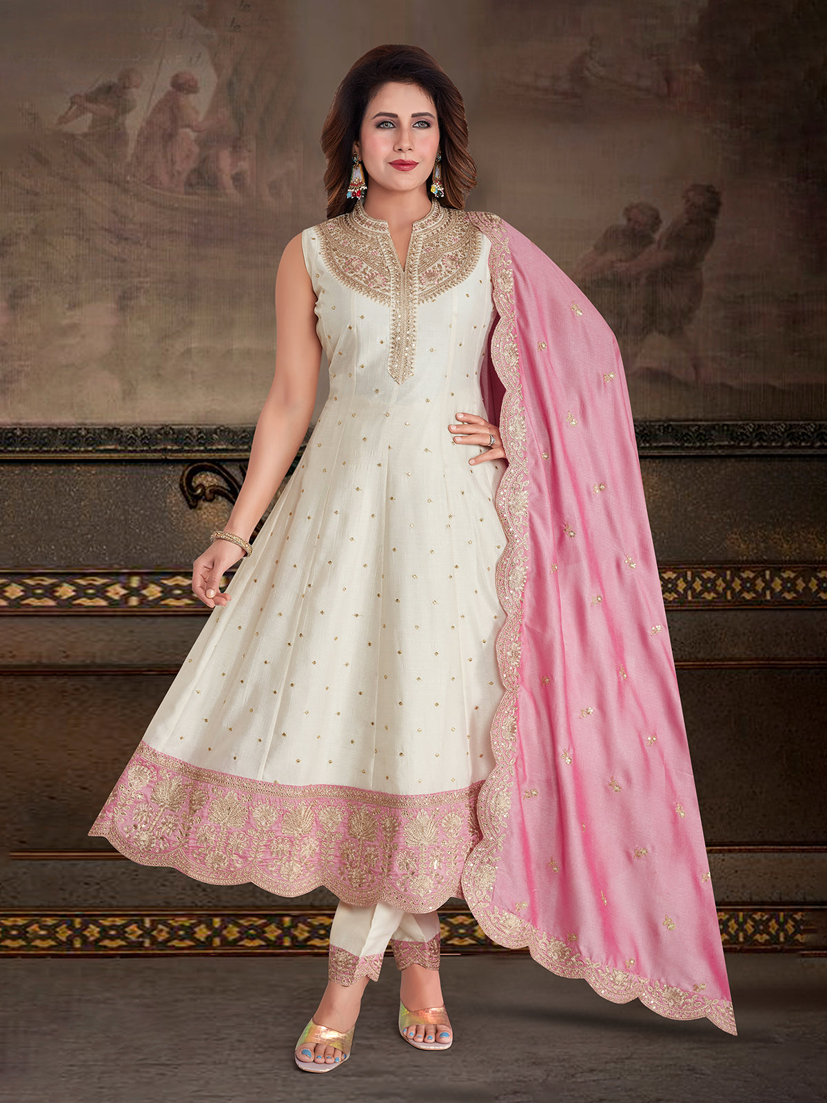 Off white silk festive salwar suit for women