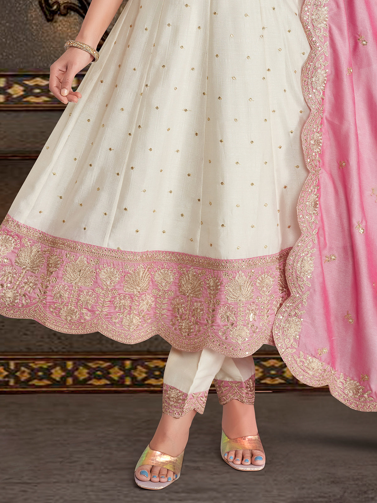Off white silk festive salwar suit for women