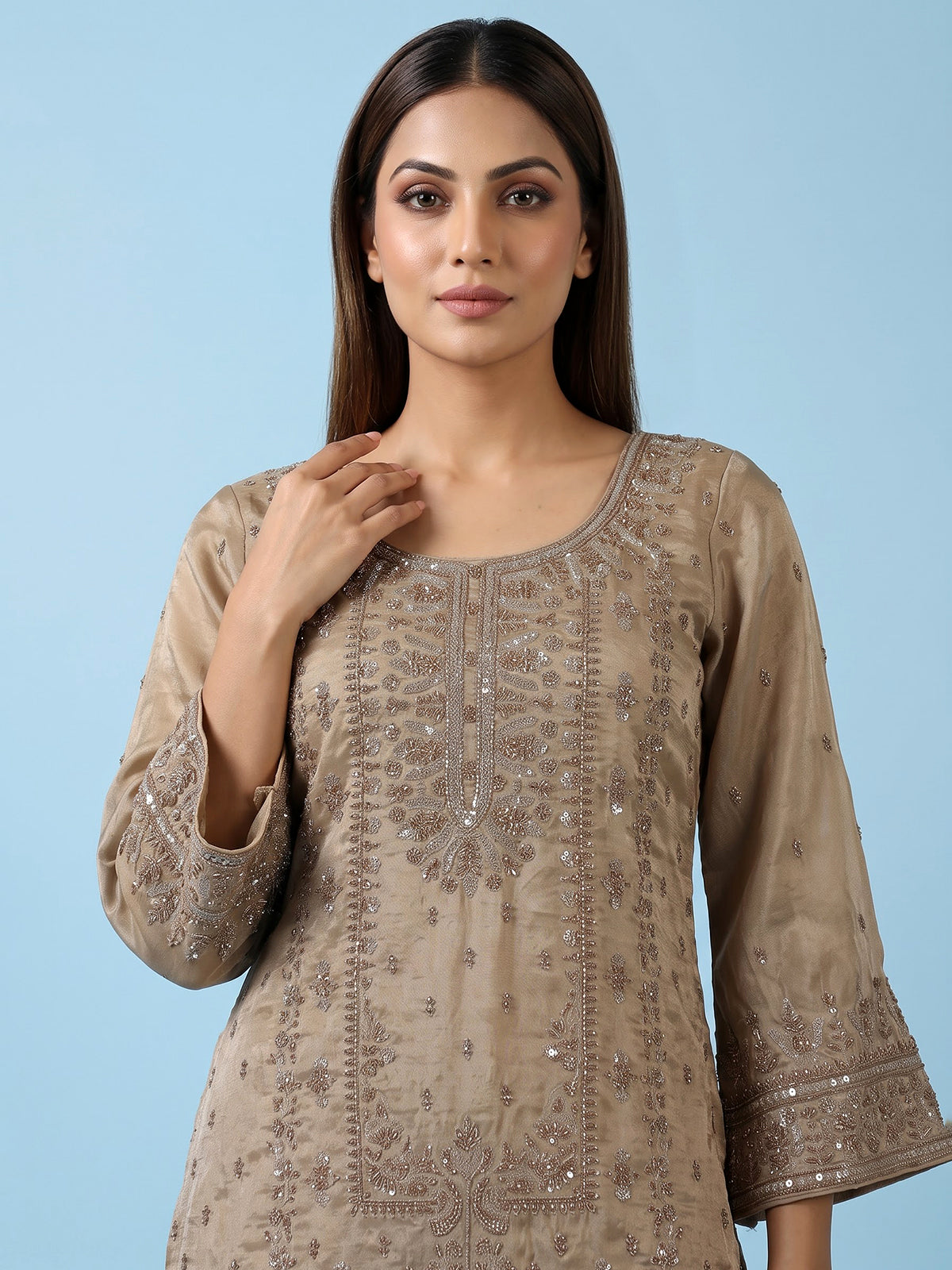 Beige embroidered women sharara suit with dupatta