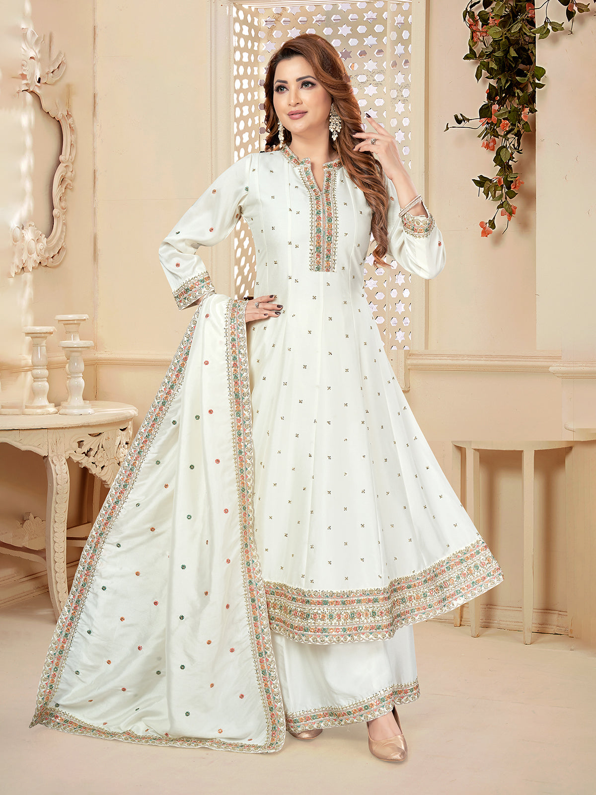 Off white embroidered silk palazzo suit for women