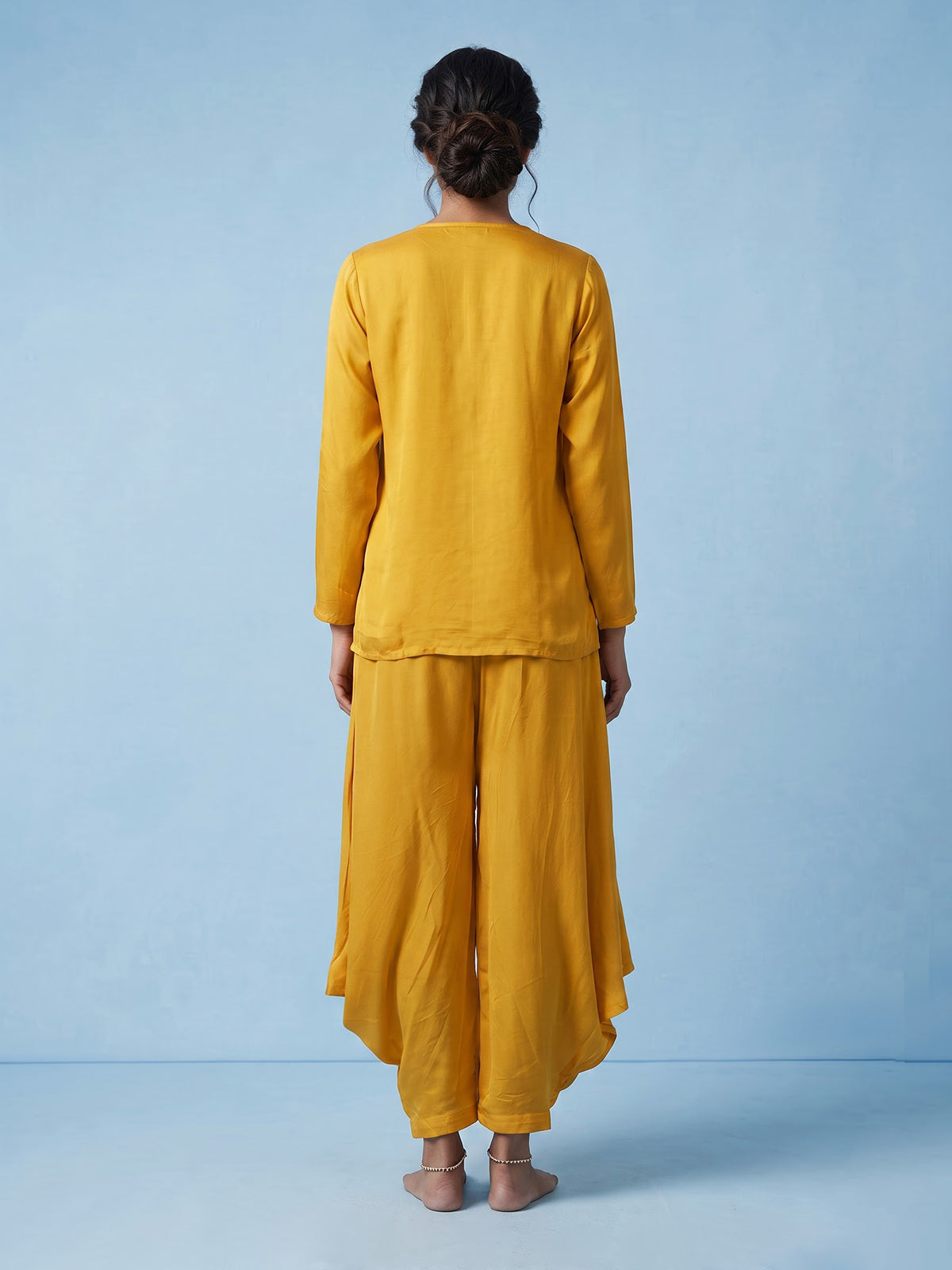 Yellow designer embellished women cowl palazzo suit