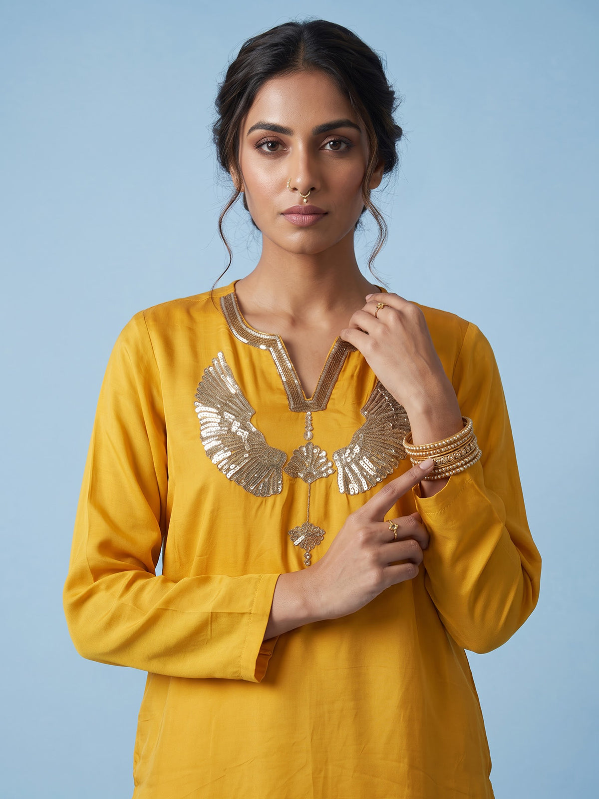 Yellow designer embellished women cowl palazzo suit