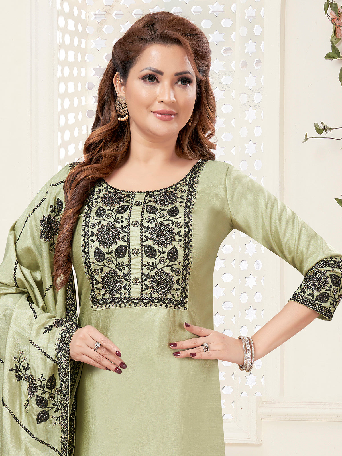 Pista green straight cut festive salwar suit women