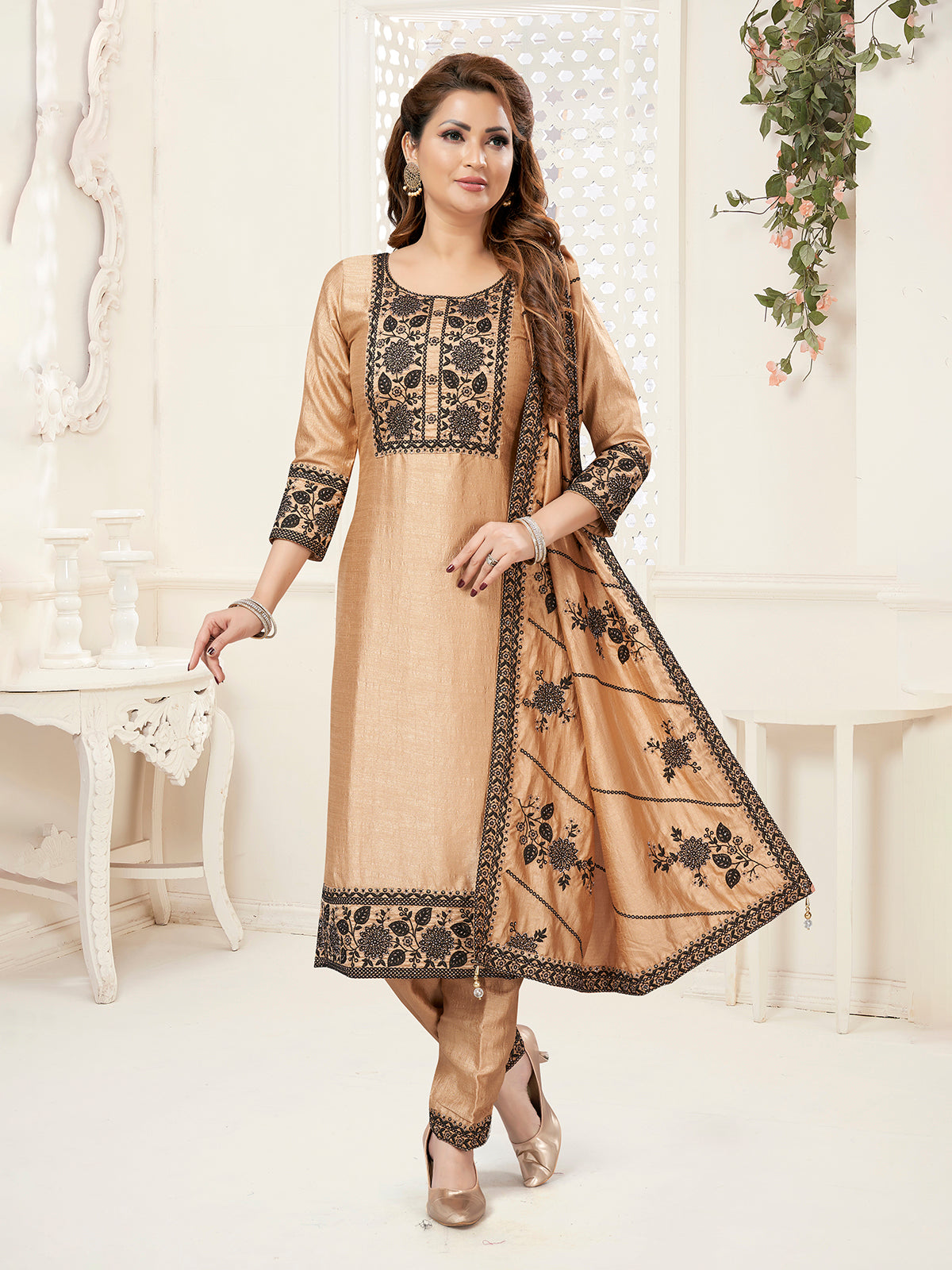 Beige straight cut embroidered salwar suit for women