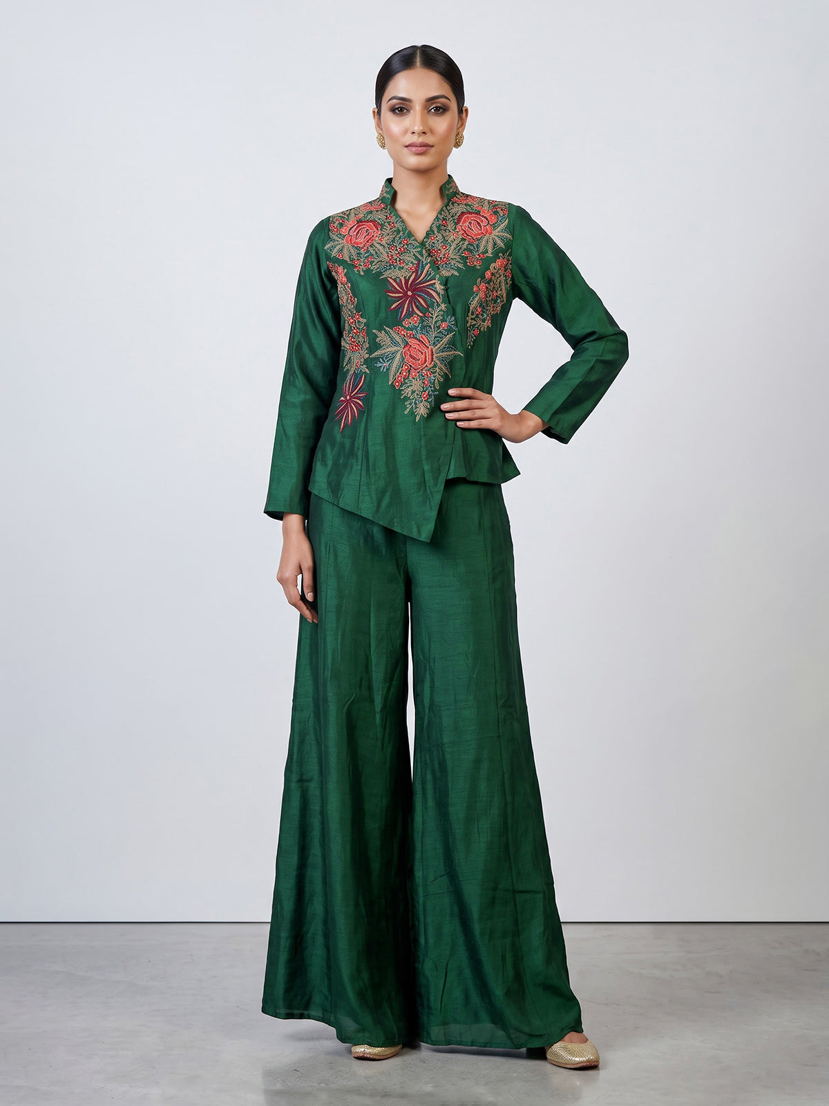 Green embroidered women palazzo indo western suit