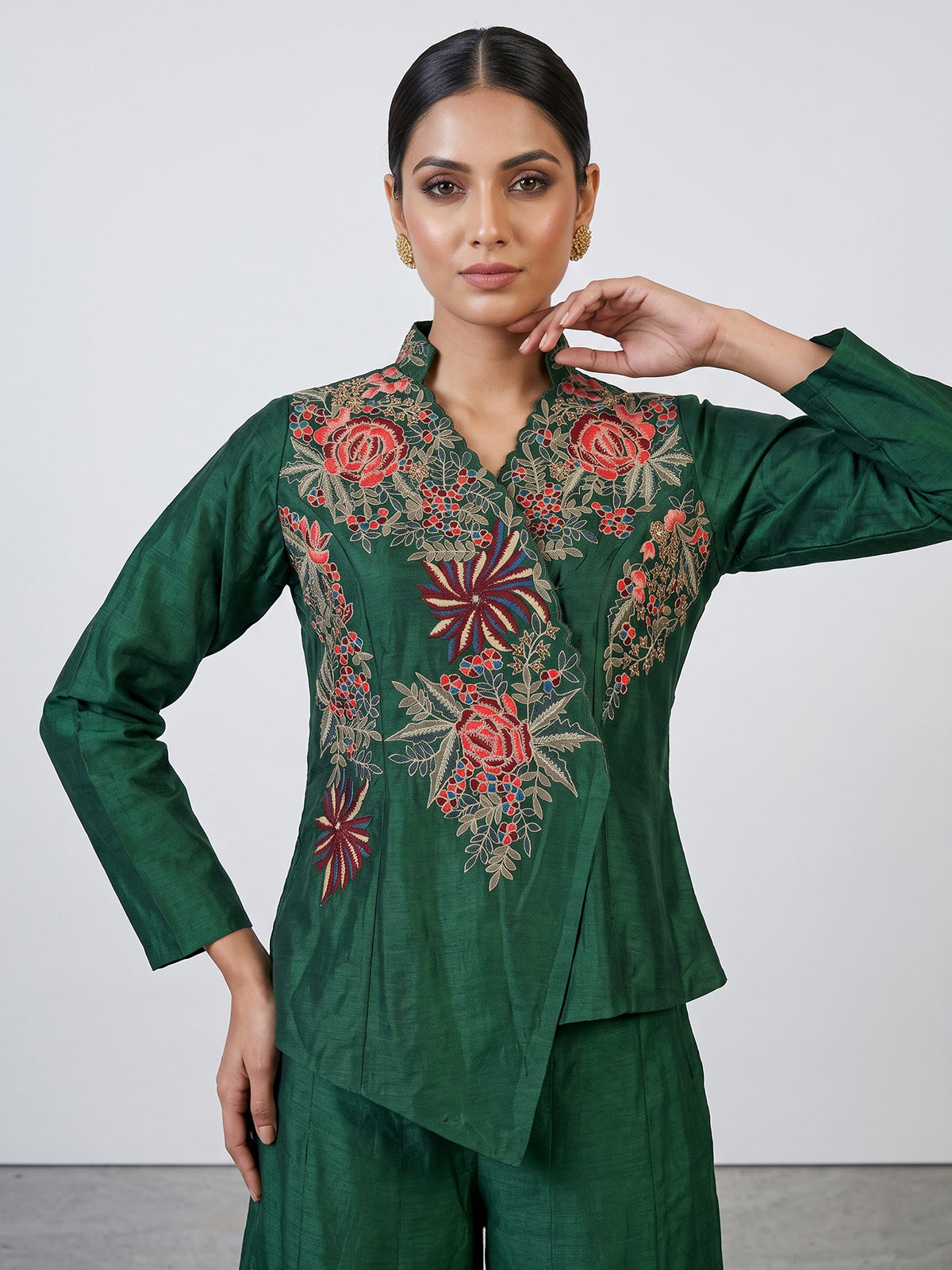 Green embroidered women palazzo indo western suit