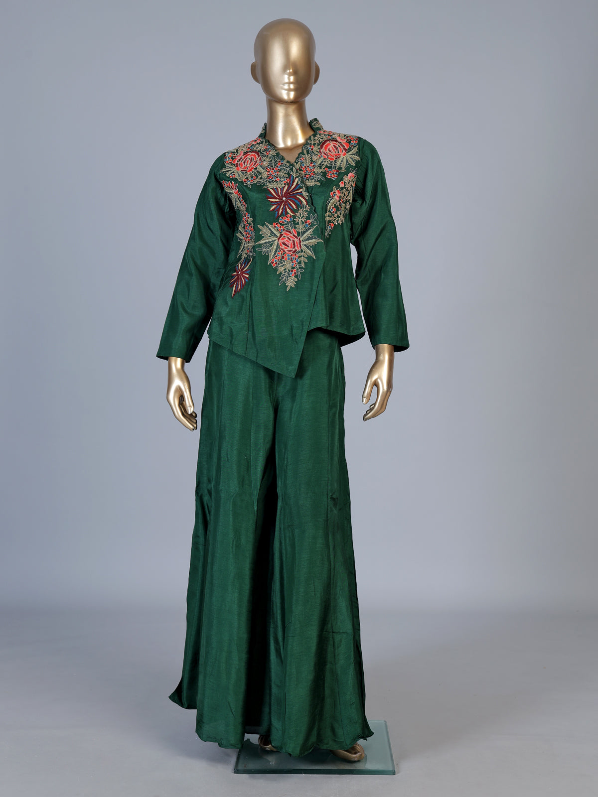 Green embroidered women palazzo indo western suit