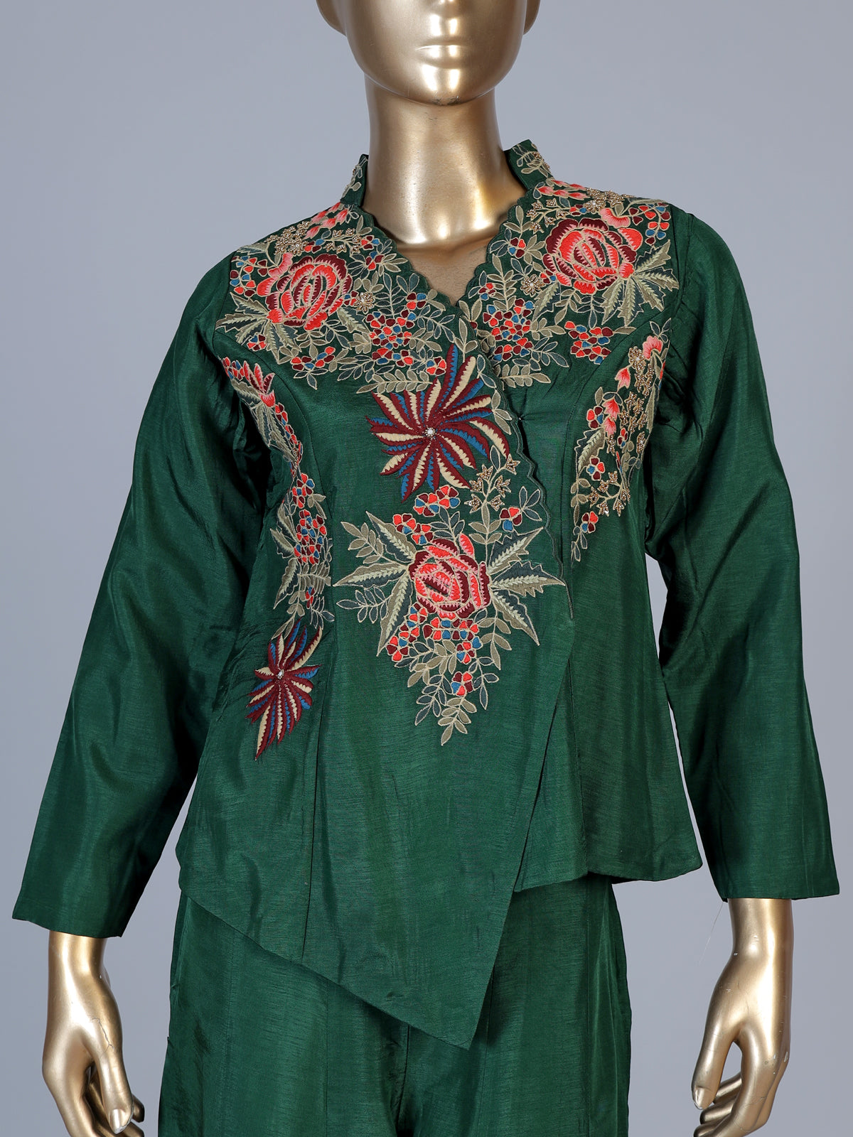 Green embroidered women palazzo indo western suit