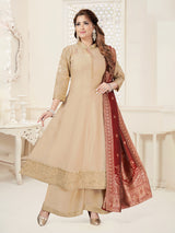 Beige cotton silk anarkali palazzo suit women
