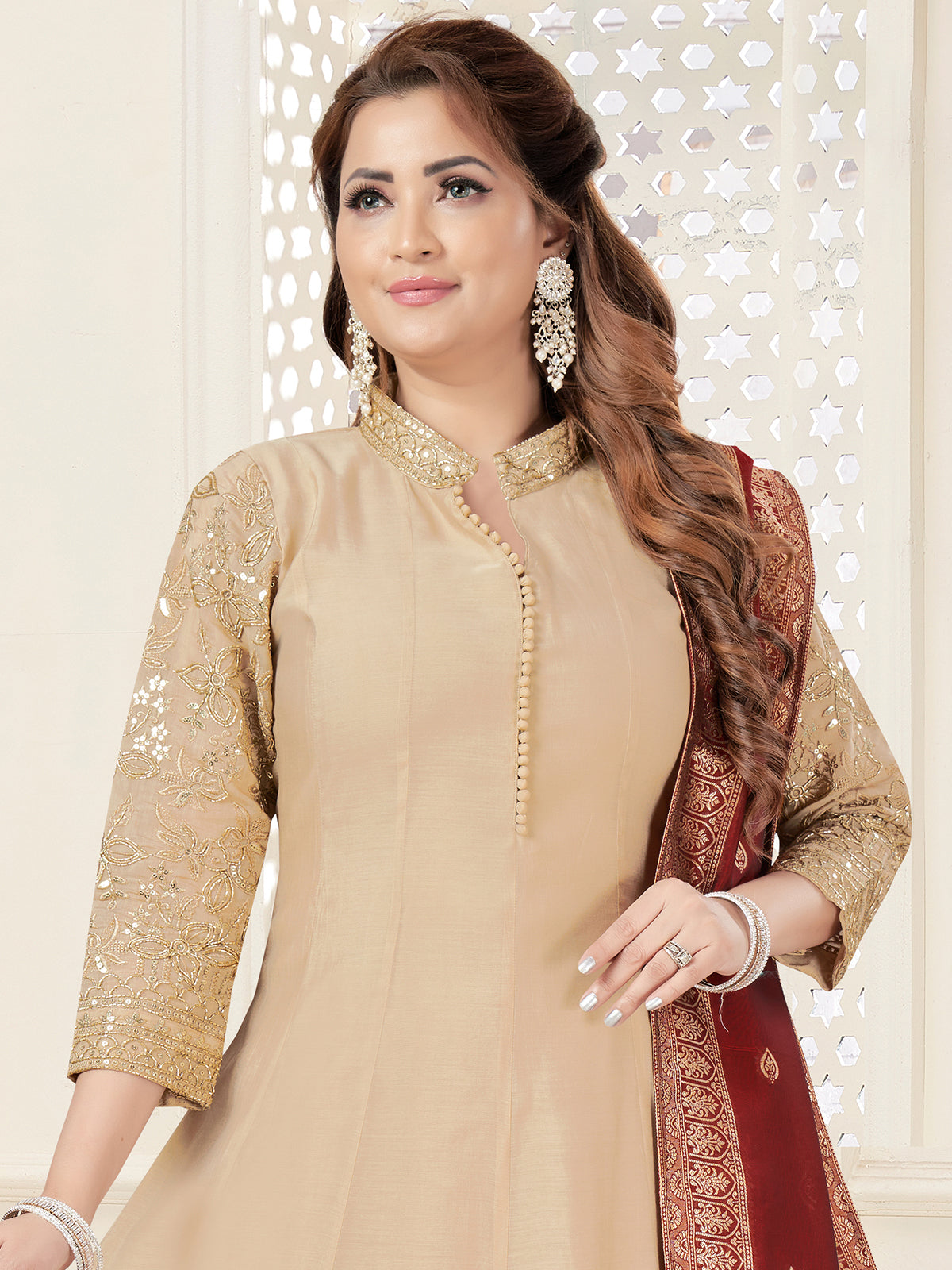 Beige cotton silk anarkali palazzo suit women