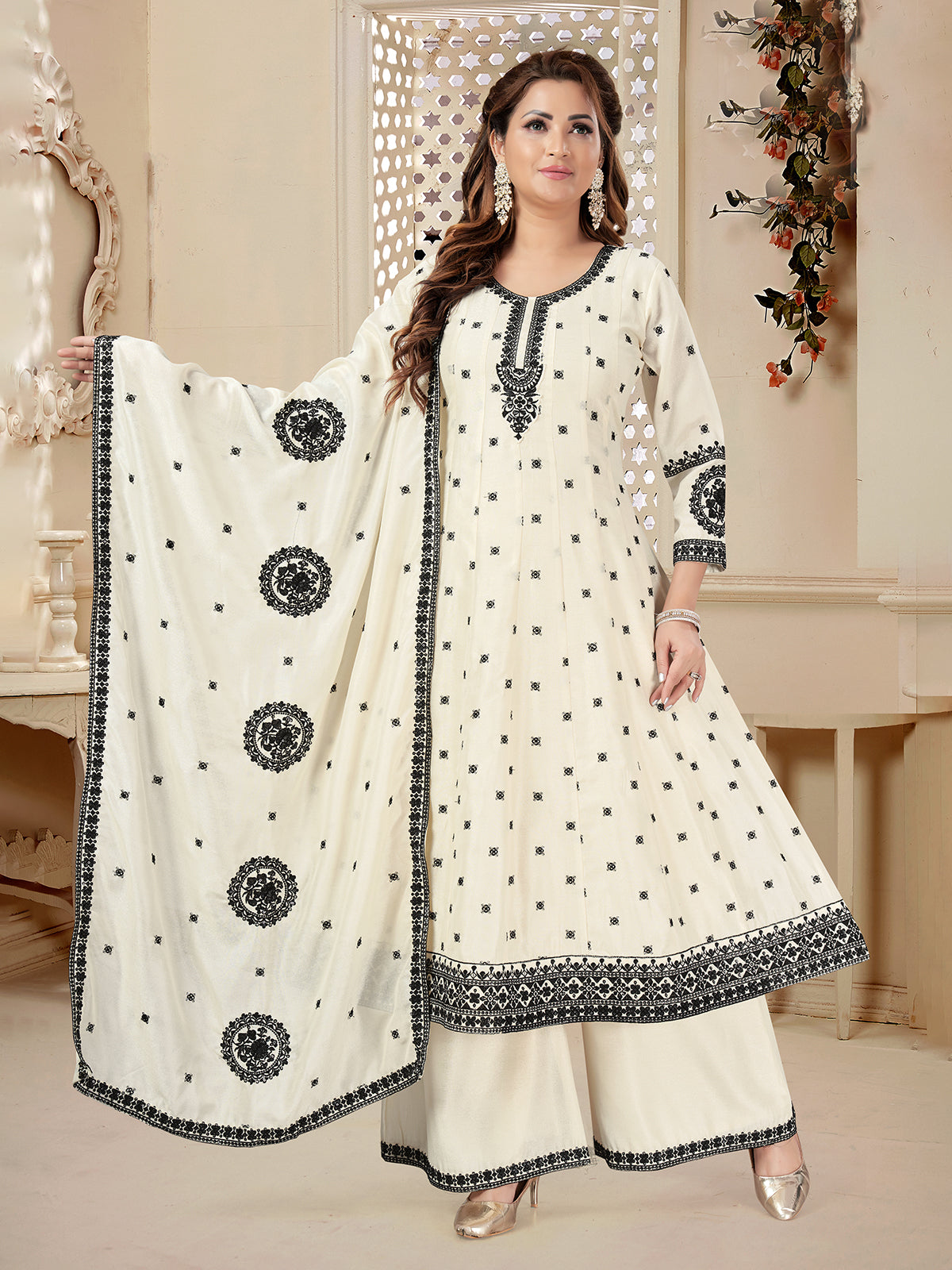 Cream silk embroidered palazzo suit for women