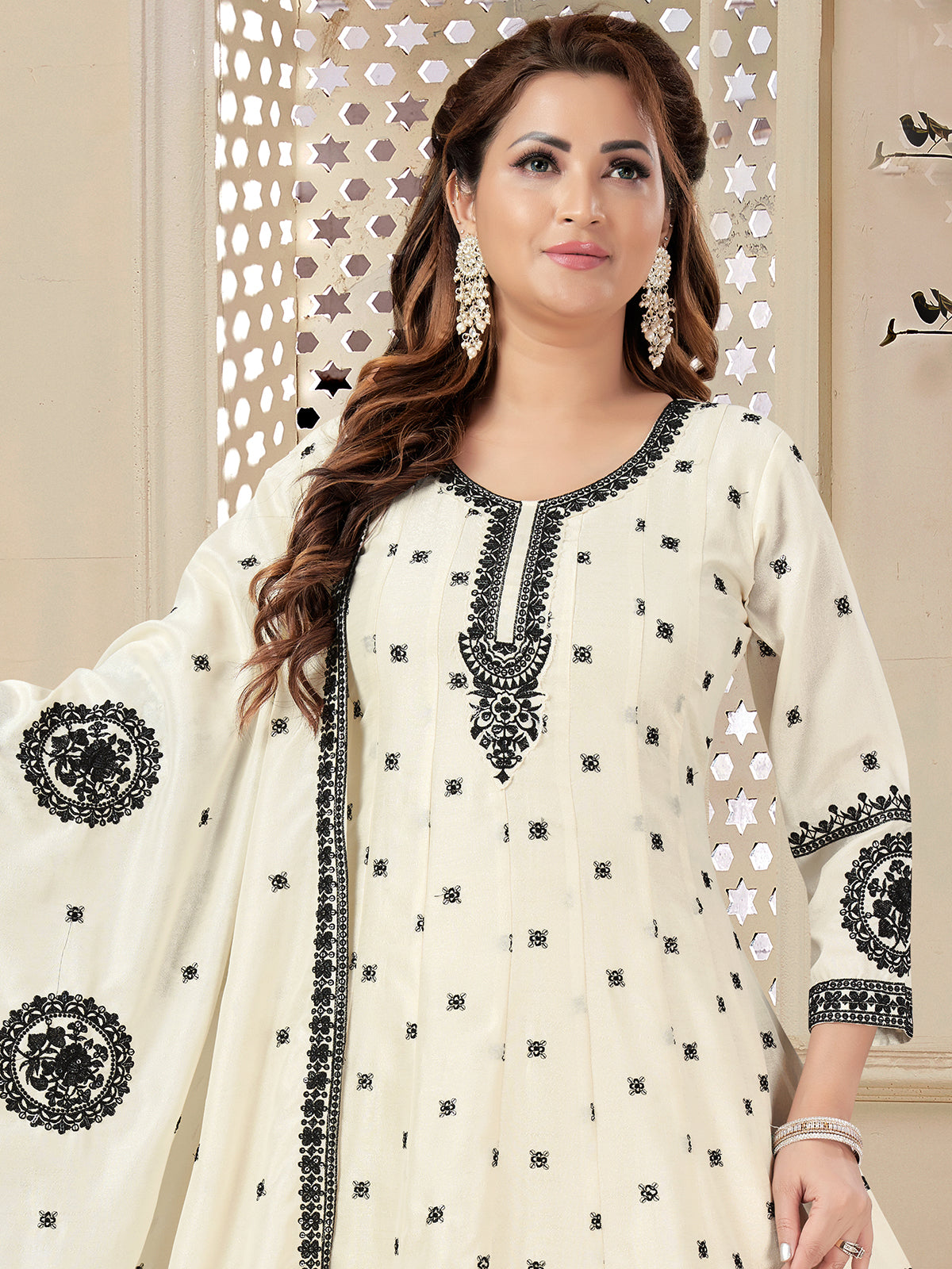Cream silk embroidered palazzo suit for women