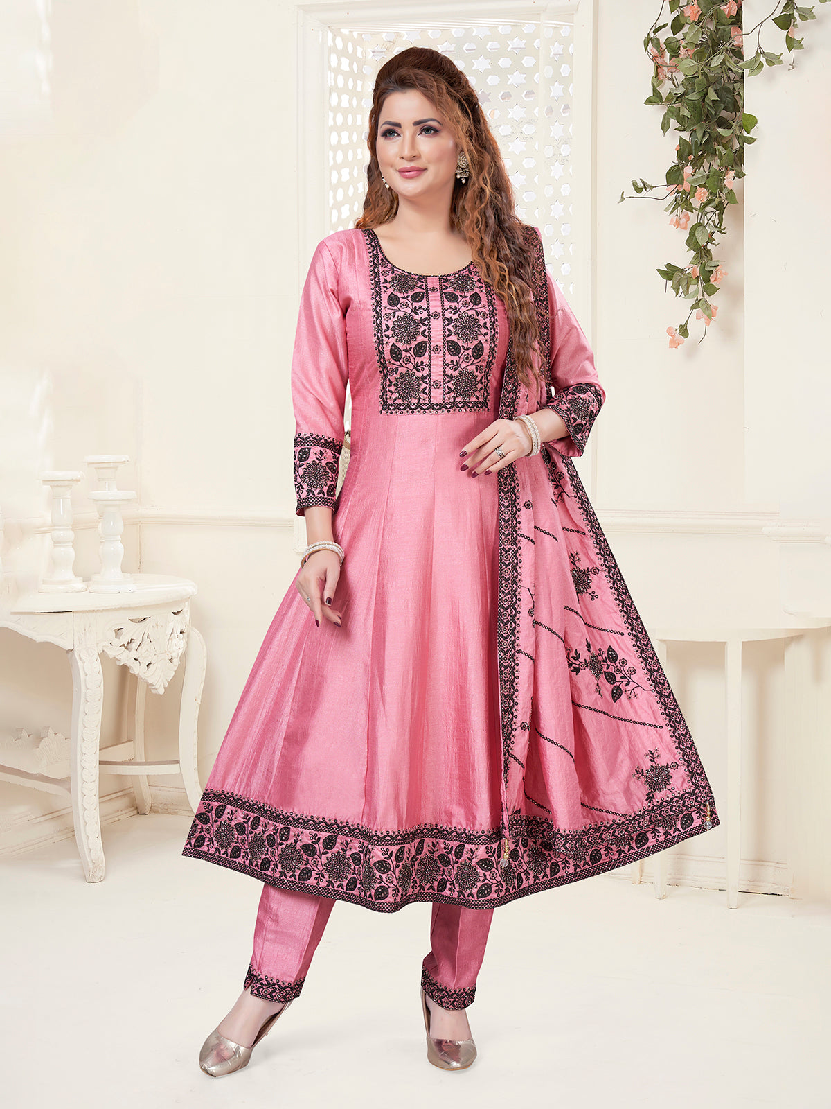 Pink embroidered silk salwar suit for women