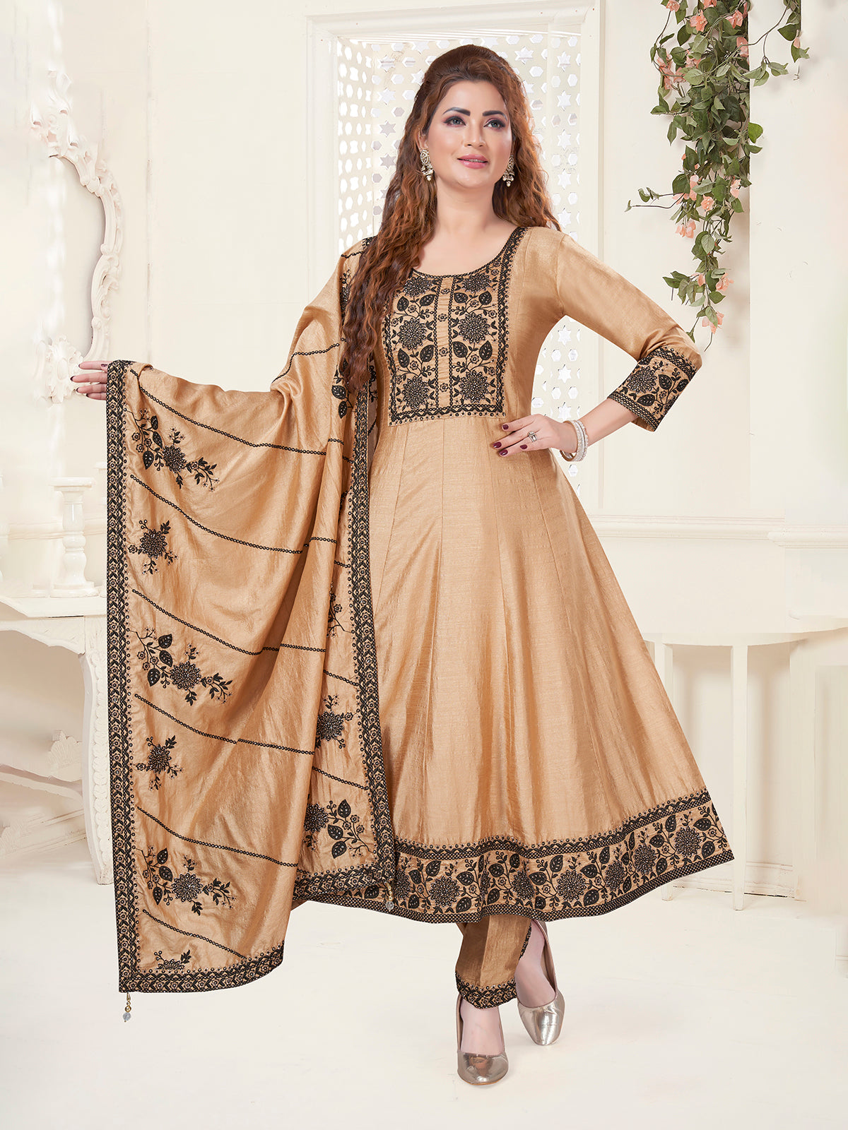 Brown silk traditional embroidered anarkali pant suit