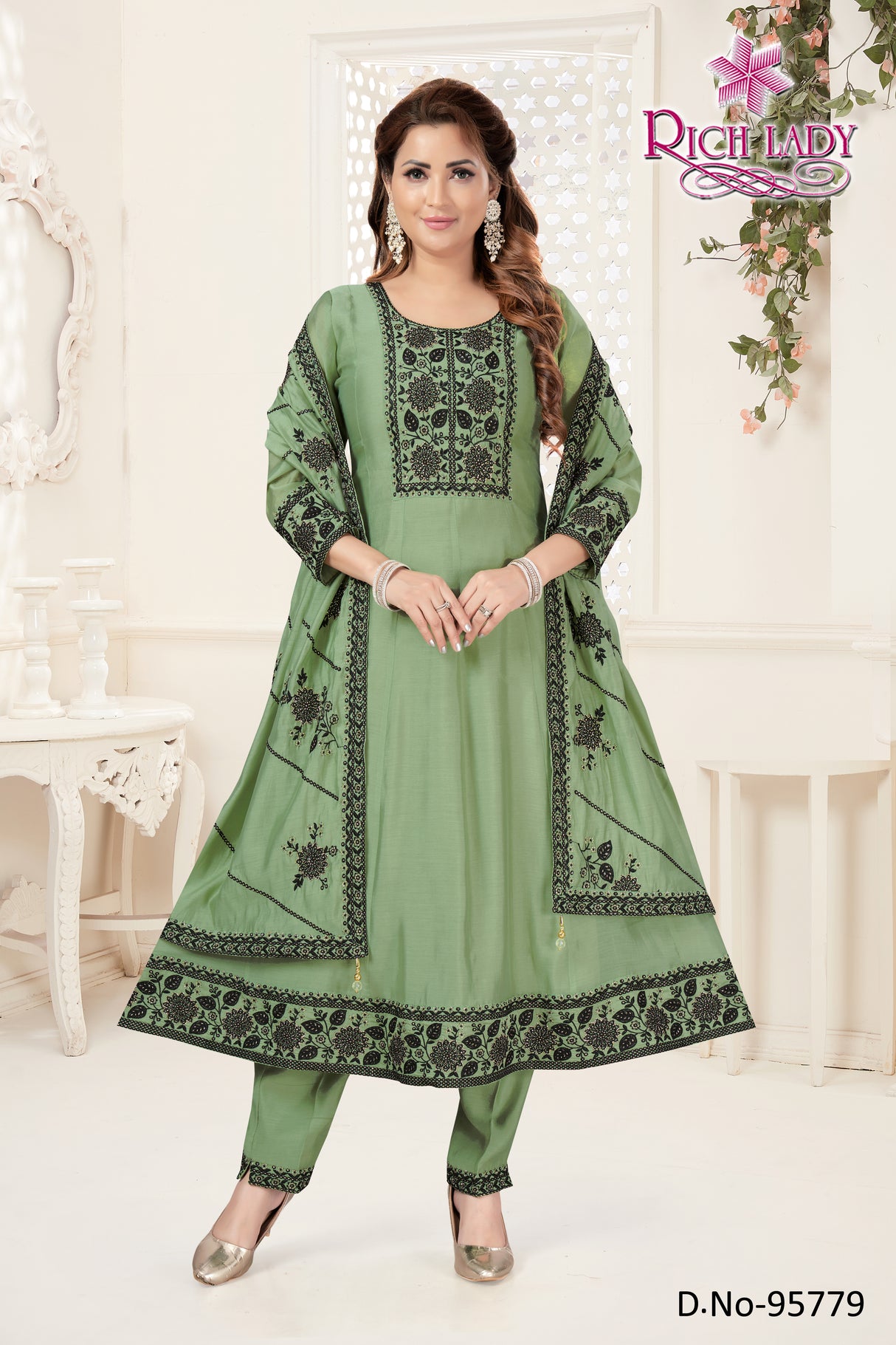 Green silk elegant embroidered anarkali pant suit