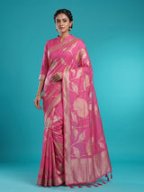 Pink women floral silver zari saree