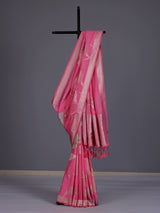 Pink women floral silver zari saree