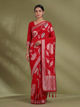 Red women floral silver zari saree