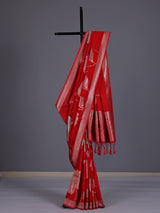 Red women floral silver zari saree