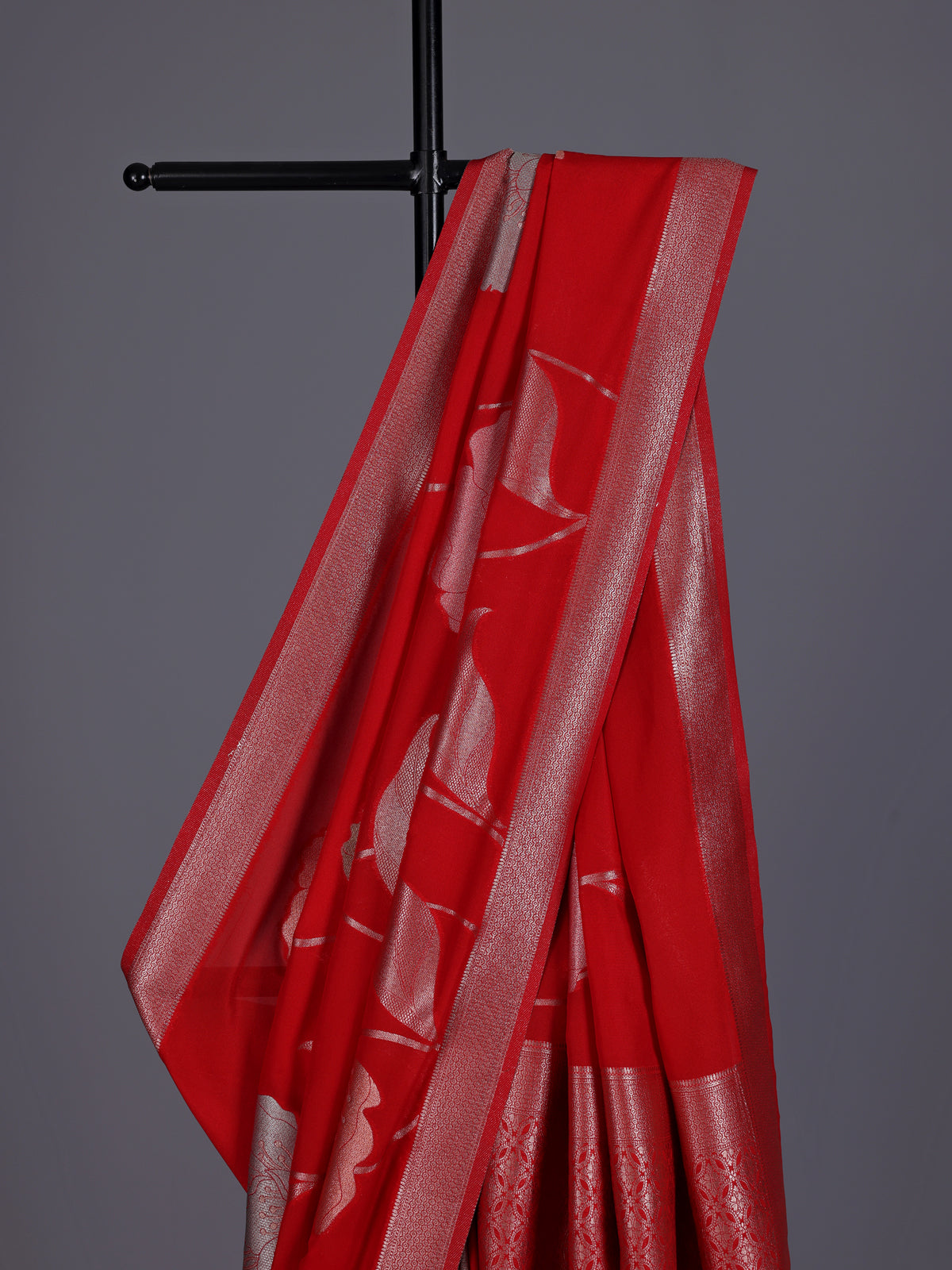 Red women floral silver zari saree