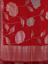 Red women floral silver zari saree