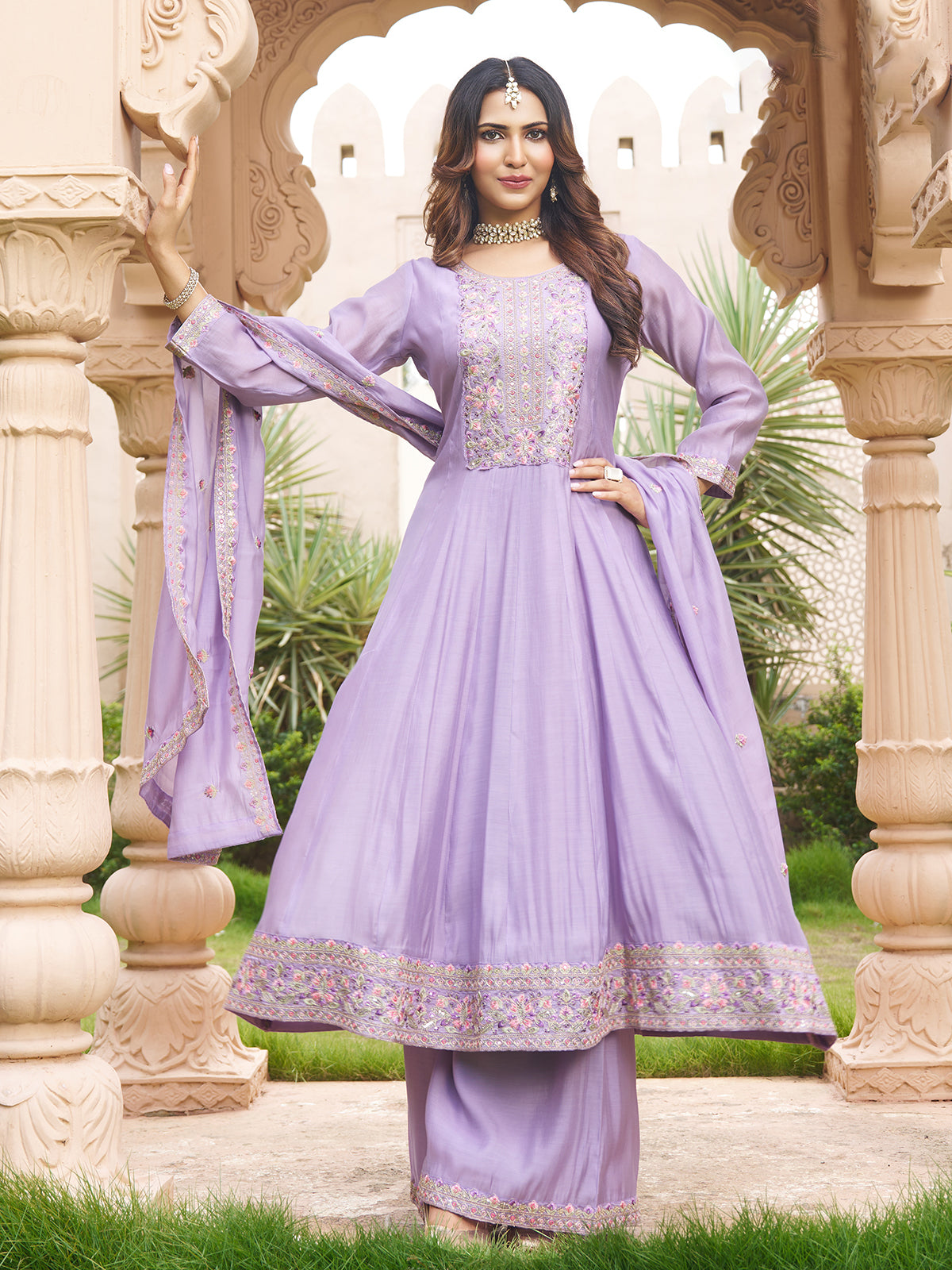 Lavender cotton silk embroidered anarkali palazzo suit
