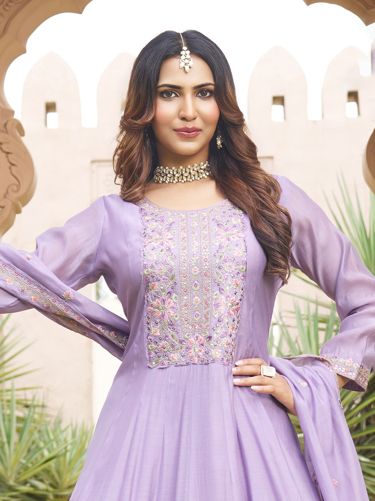 Lavender cotton silk embroidered anarkali palazzo suit
