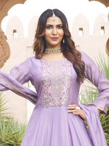 Lavender cotton silk embroidered anarkali palazzo suit