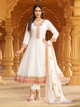 White silk embroidered anarkali salwar suit for women