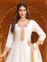 White silk embroidered anarkali salwar suit for women