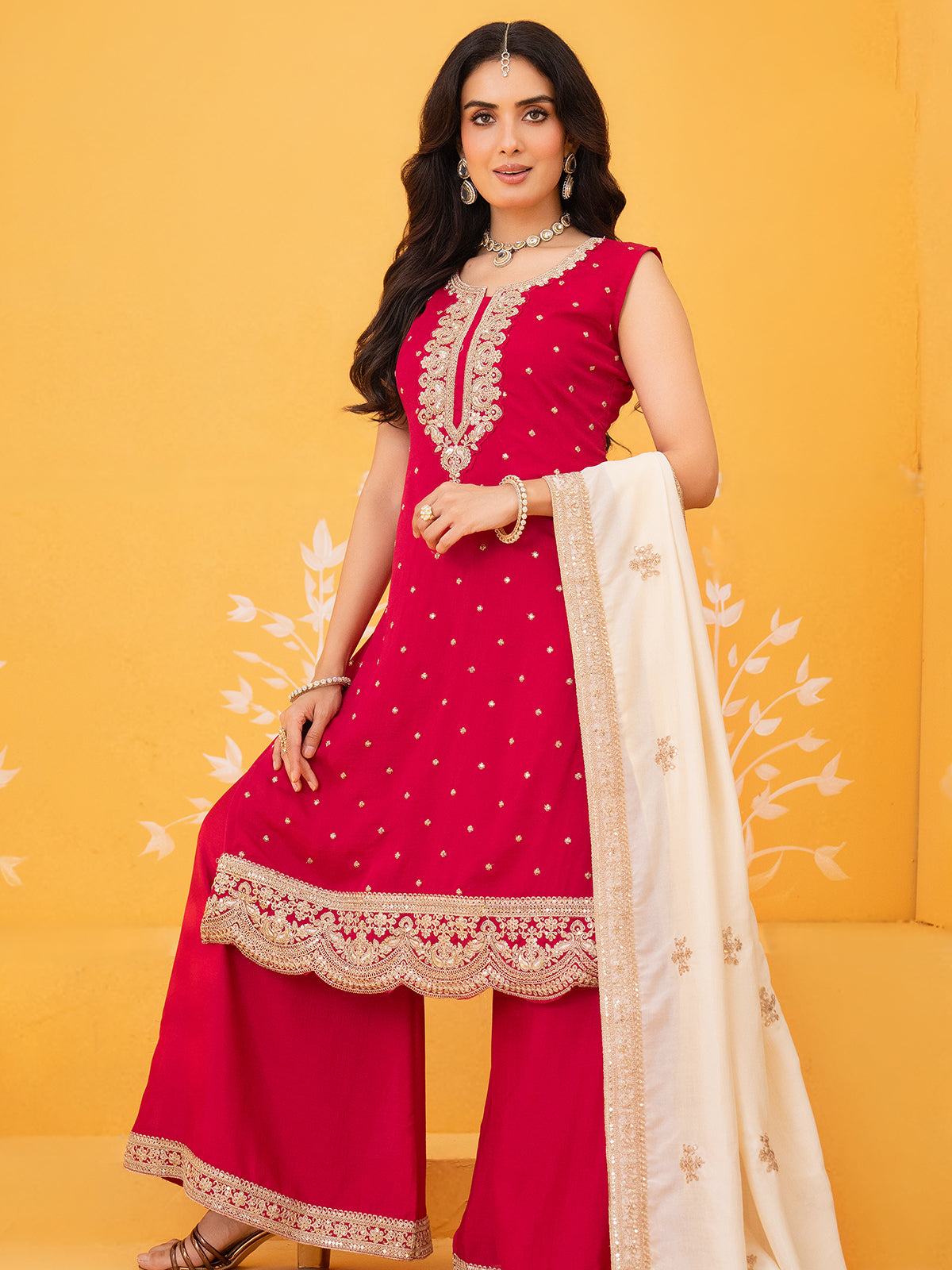 Rani pink silk designer palazzo suit set