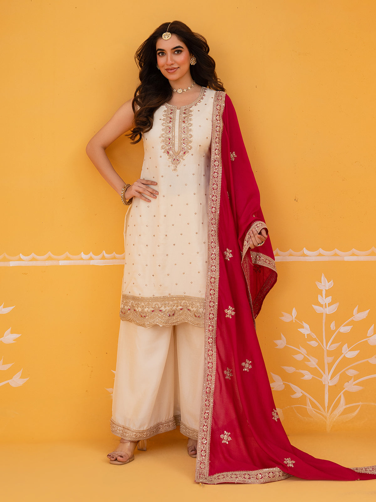 Off white silk festive palazzo suit ensemble