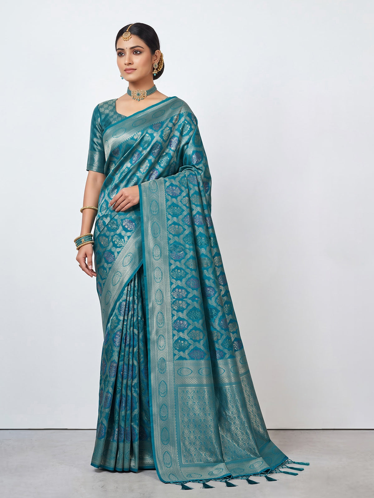 Rama blue women paisley zari saree