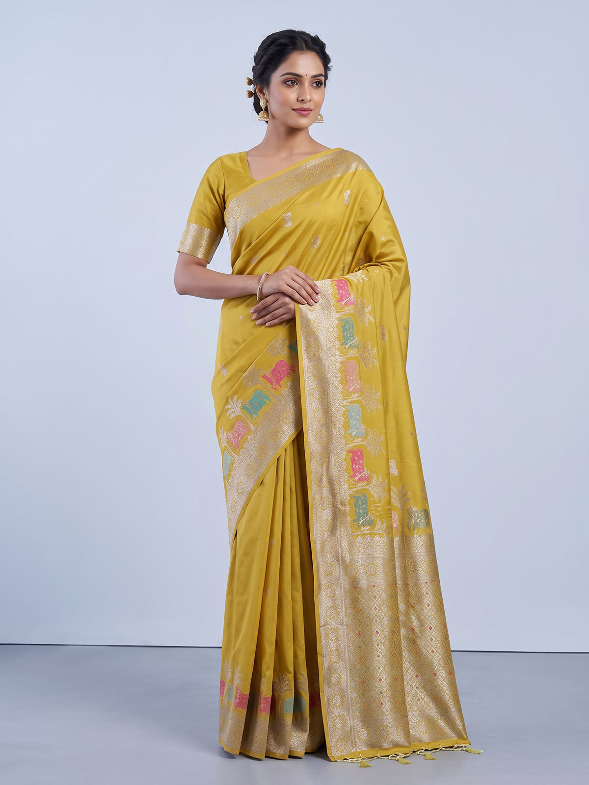 Yellow women meenakari zari saree