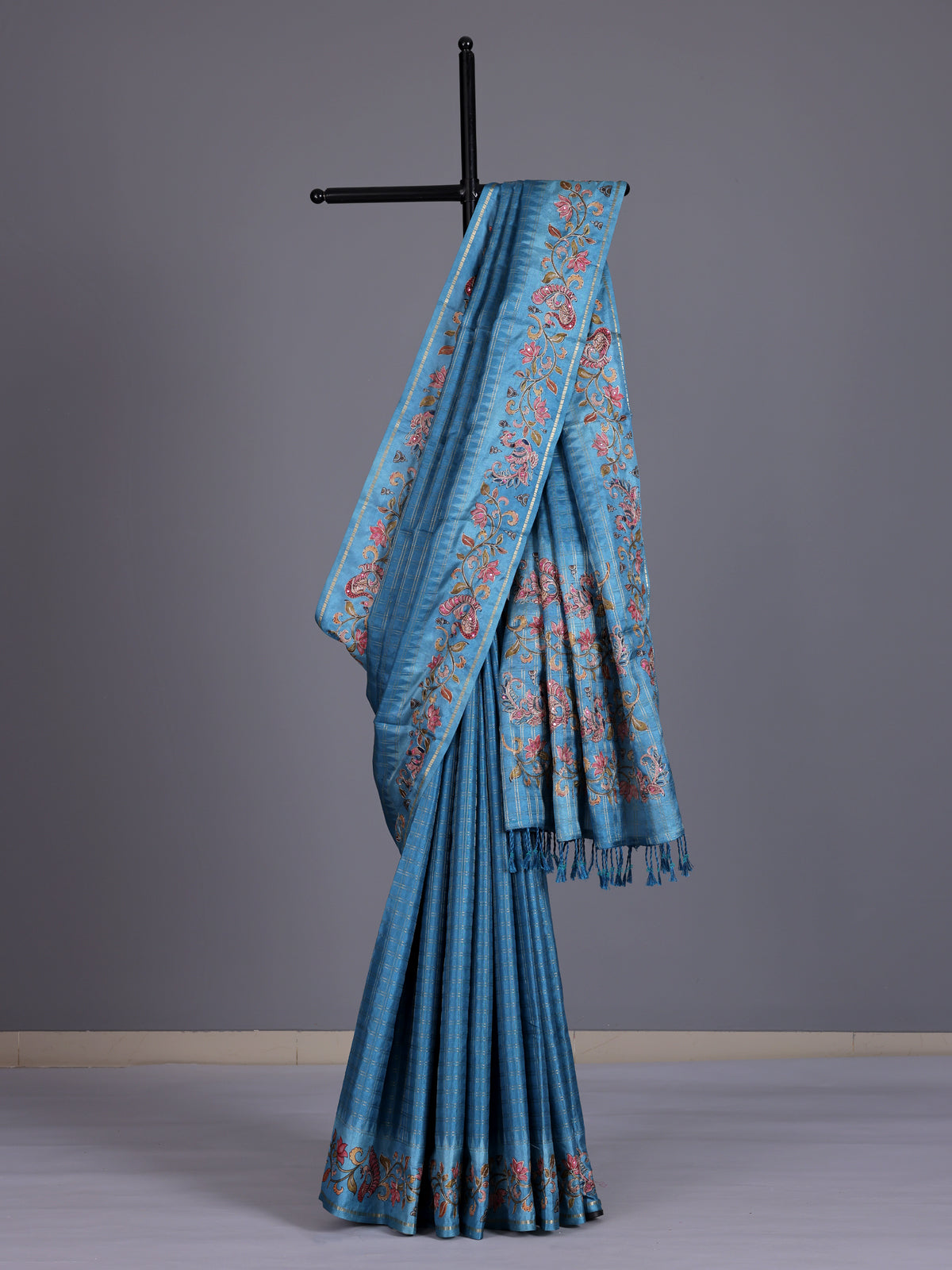 Blue women botanical vine zari saree