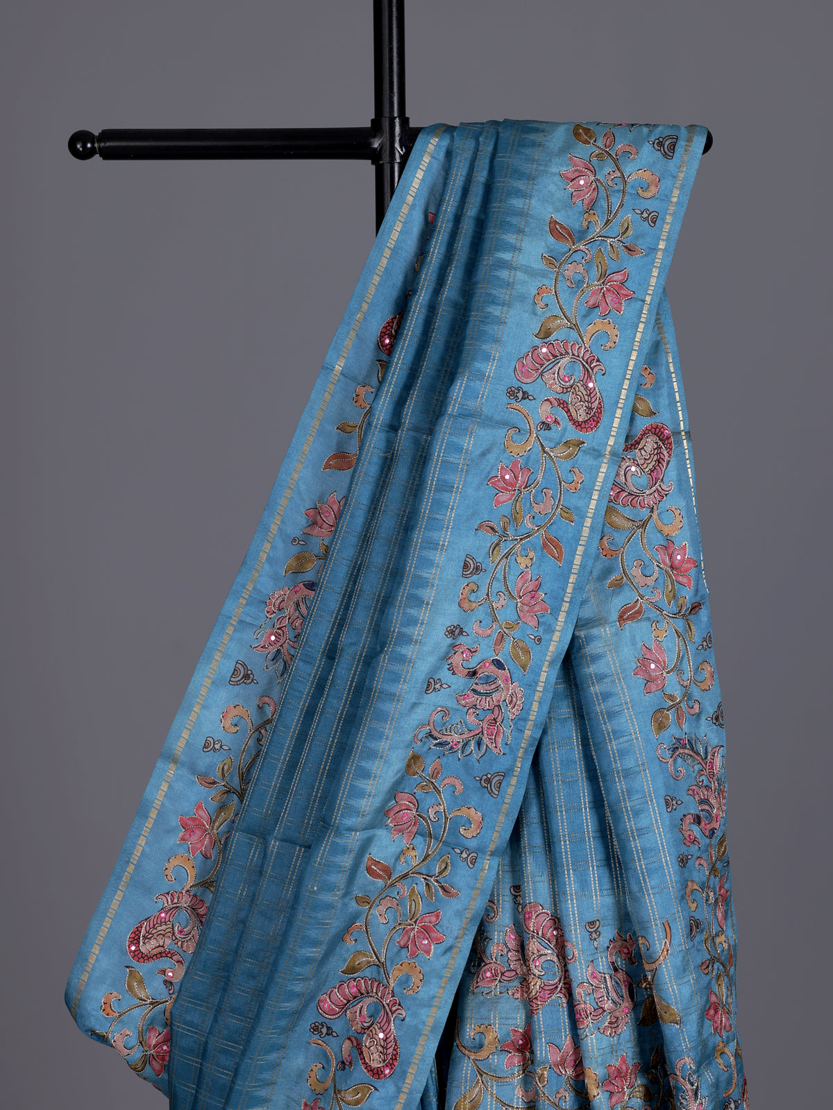 Blue women botanical vine zari saree
