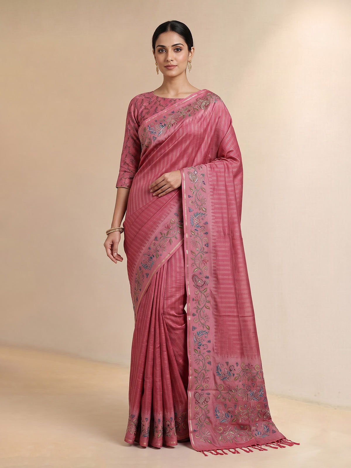 Pink women botanical vine zari saree