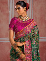 Bottle green shana silk festive saree with unstitched blouse