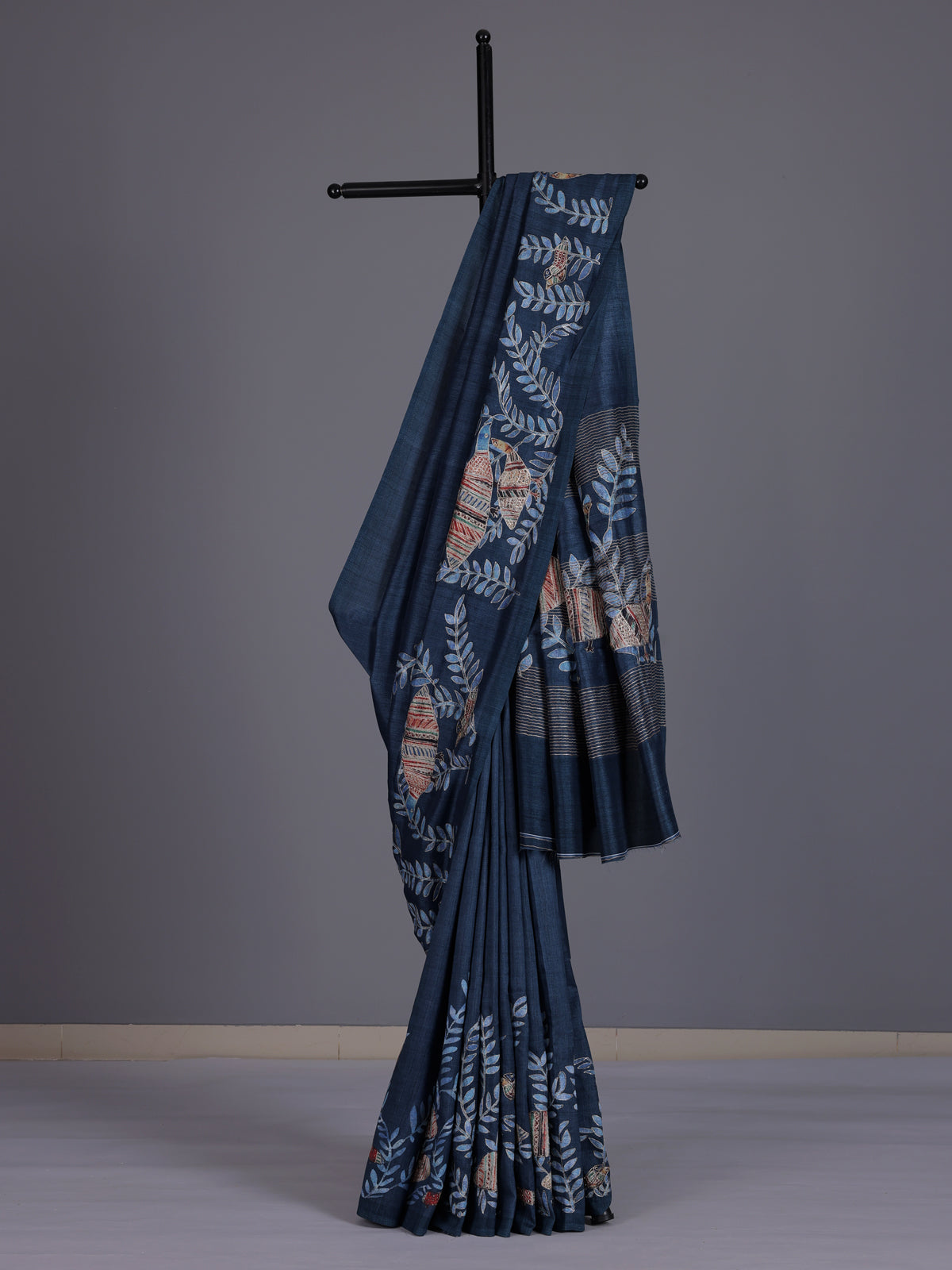 Navy women kalamkari beaded zari saree