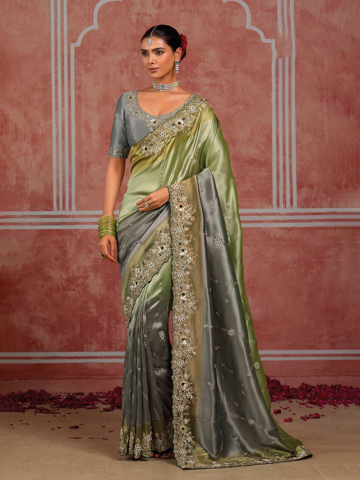 Green ziraf silk radiant saree with unstitched blouse