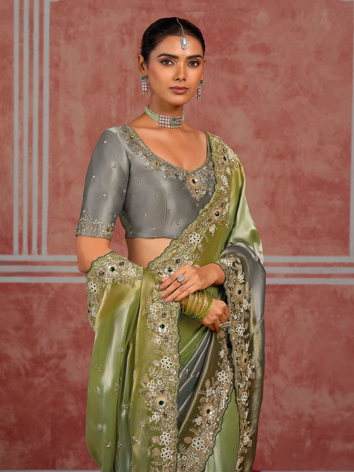 Green ziraf silk radiant saree with unstitched blouse