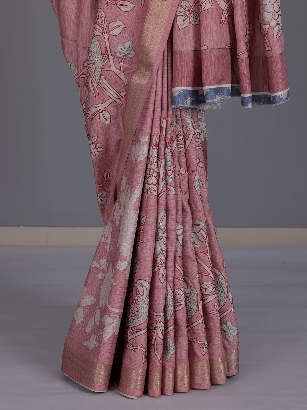 Pink women botanical kantha zari saree