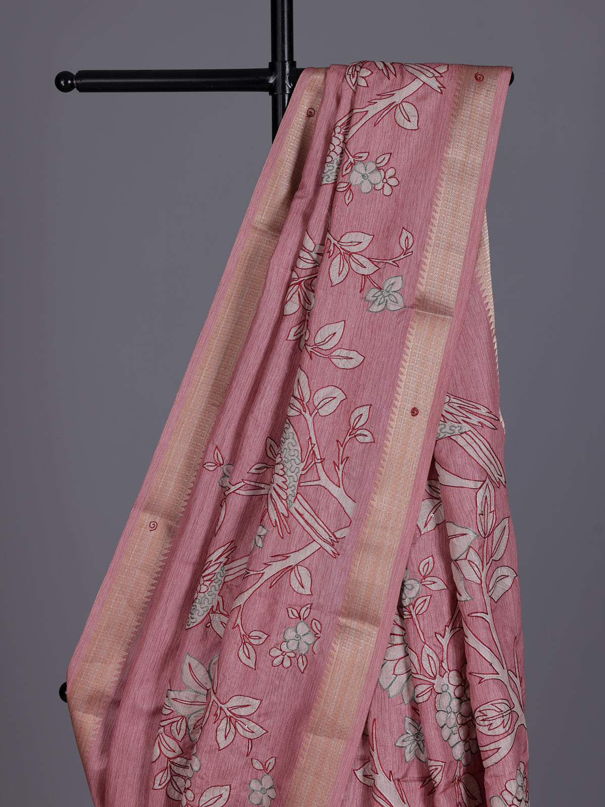 Pink women botanical kantha zari saree