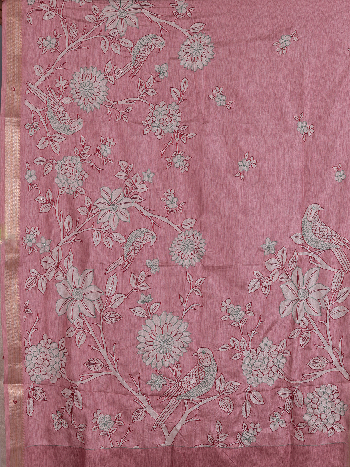 Pink women botanical kantha zari saree