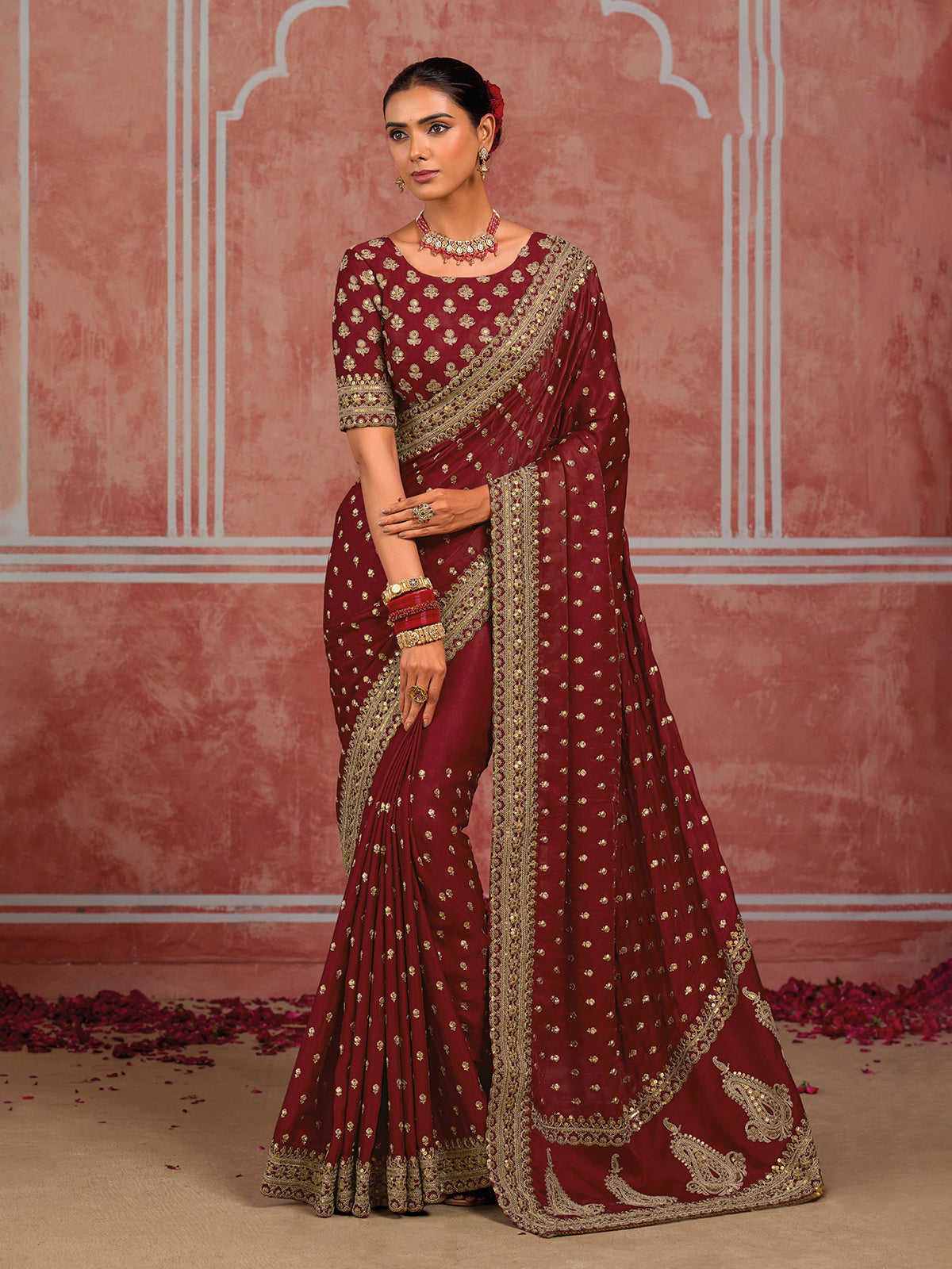 Maroon munga silk heirloom saree with unstitched blouse