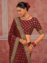 Maroon munga silk heirloom saree with unstitched blouse