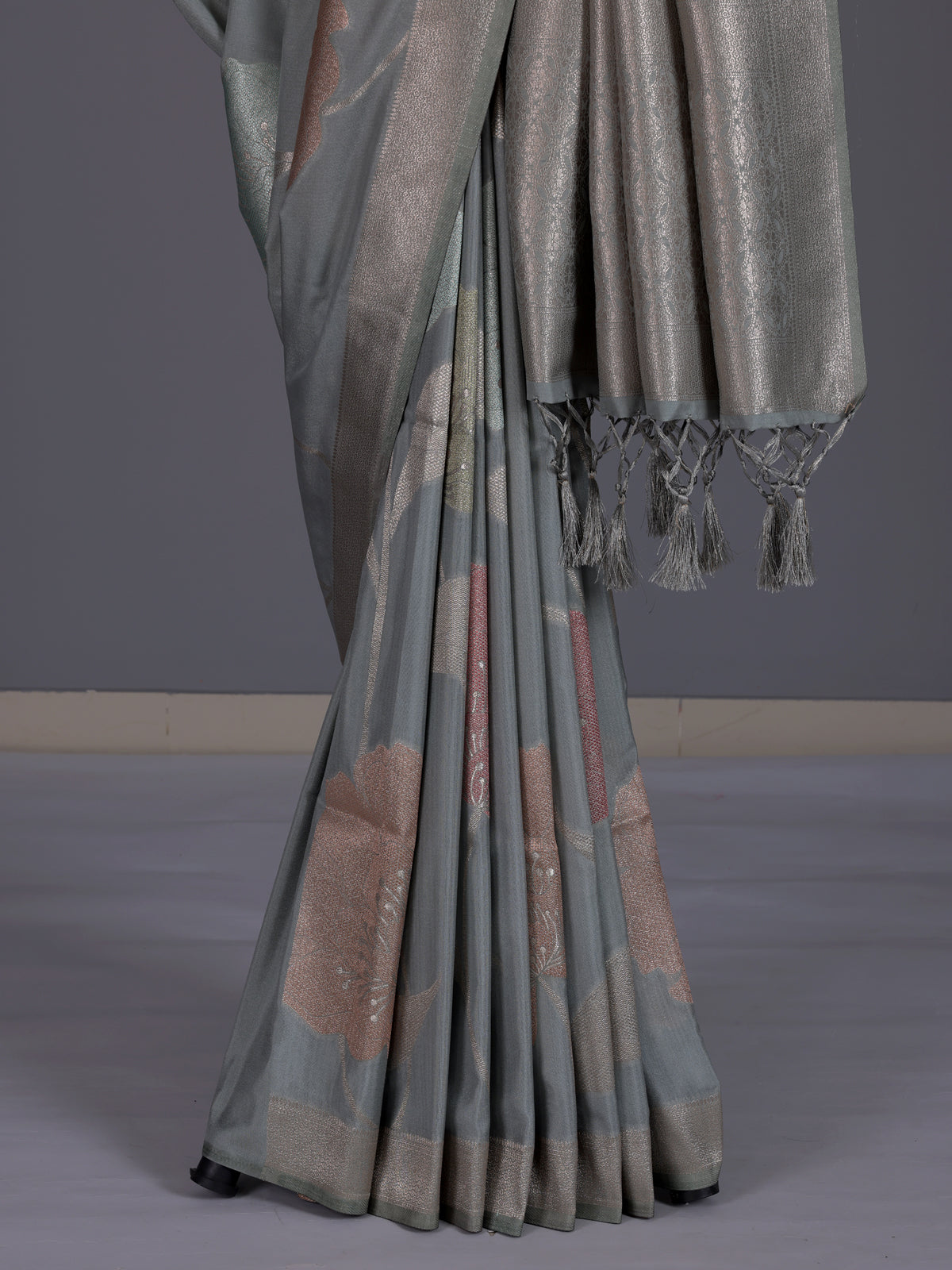 Grey women floral silver zari saree
